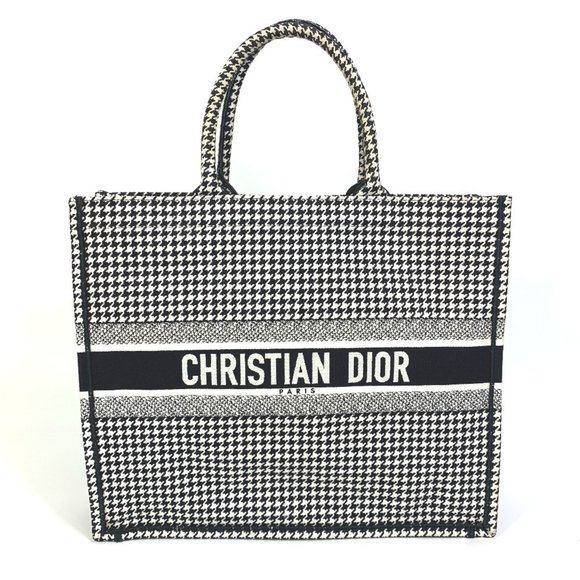 Christian Dior Dior Houndstooth Embroidered Book Tote Canvas Shoulder Bag in Whi - Picture 1 of 10